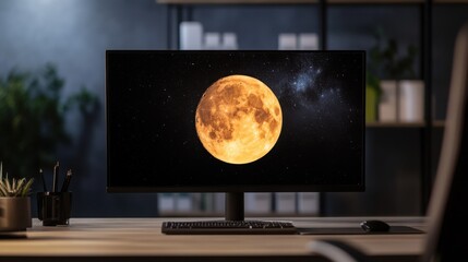 Fototapeta premium Moon Display on Modern Monitor with Starry Background at Office Desk
