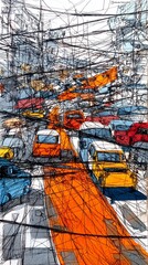 Fototapeta premium Colorful, abstract traffic scene with cars and urban landscape