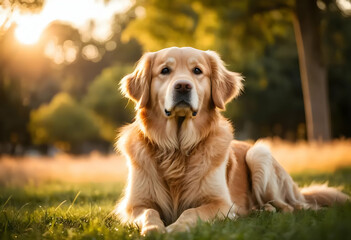Obraz premium Golden retriever puppy sitting happily on the grass outdoors