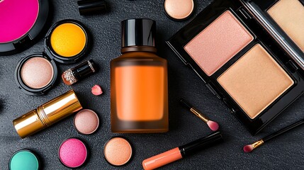 Close-up of anti-aging skincare bottle surrounded by elegant makeup accessories on vanity