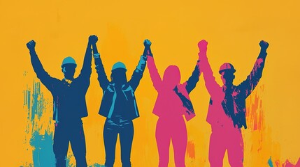 Workers uniting for change urban cityscape artistic poster vibrant colors wide angle teamwork concept