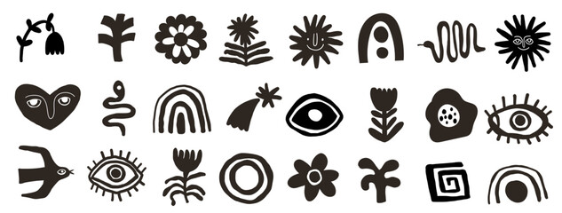 Hand drawn curvy contemporary shapes. Organic abstract forms in simple hand drawn style. Symbols, astrology elements for design. 