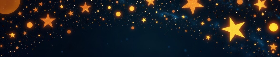 Naklejka premium Geometric pattern of yellow gold circles and stars on dark background, geometric, abstract, design