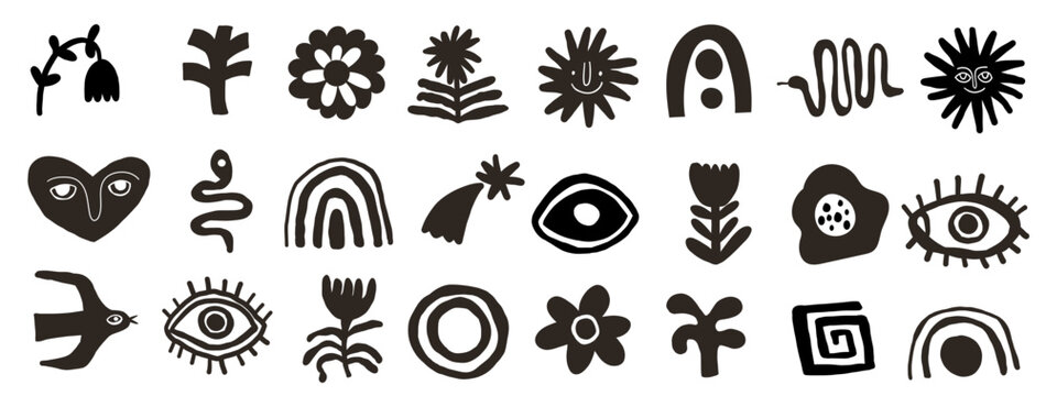 Hand drawn curvy contemporary shapes. Organic abstract forms in simple hand drawn style. Symbols, astrology elements for design. 