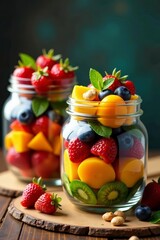 Glass containers filled with colorful fruits, vegetables, and nuts, vegetarian, fresh, vitamin