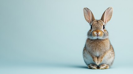 Fototapeta premium A playful brown rabbit with shiny fur, posed in full-body shot on a clean white background, smiling and exuding happiness.