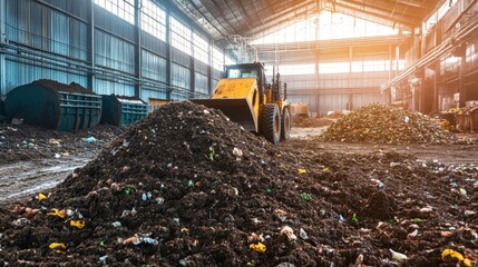 Indoor composting facility with bulldozer moving organic waste piles. Suitable for illustrating ecology, recycling, and sustainable development projects.
