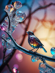 Iridescent Crystal Robin Sculpture on Branch Symbol of Spring and Good Luck with Glittering Particles Vibrant Background