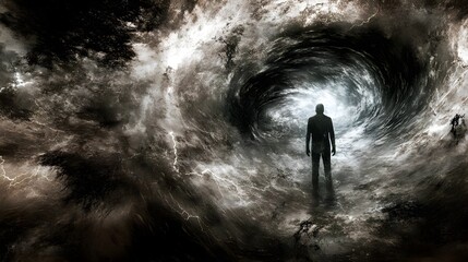 Fototapeta premium Mysterious Figure in Distance Surrounded by Swirling Darkness