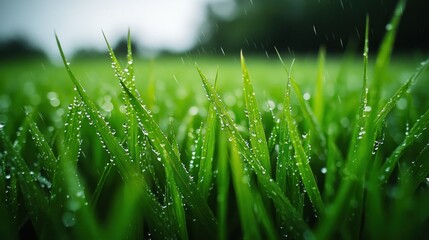 Obraz premium Dew-kissed grass in a field. Close-up view of vibrant green blades of grass covered in morning dew drops. Soft focus in background with gentle rain