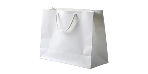 A single white paper shopping bag with rope handles on a black background on transparent background