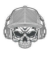 Skull with casual style cap  & retro style headphone 59b - BWb