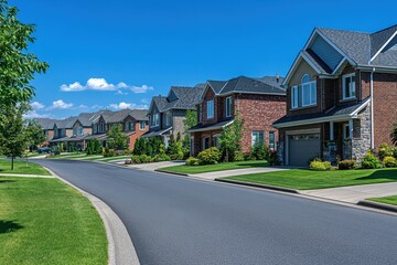 Row of suburban houses on a street, clear sky and green grass. Use this image for real estate, family, or suburban living concepts.