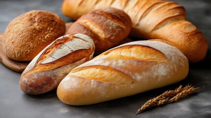 Assortment of artisanal breads on a dark surface. Various types of loaves, including round, oblong, and long loaves, display different textures and colors.