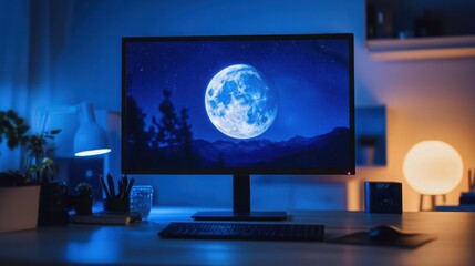 Fototapeta premium Stunning Night Sky with Bright Moon Displayed on Computer Monitor