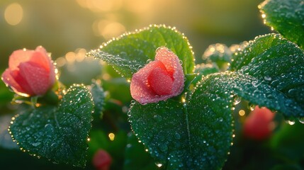 Obraz premium Dew-kissed pink flowers in vibrant sunrise