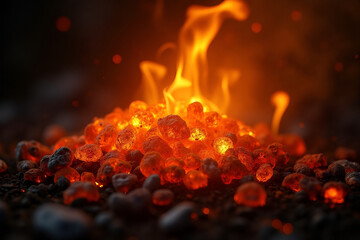 
Close-up digital illustration of bright, intense fire with glowing embers and sparks drifting upward. Vivid orange and red flames, dynamic light flickers, particles suspended in the heat wave