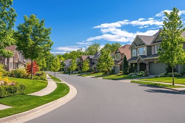Naklejka premium Suburban street view shows homes, trees and blue sky on a sunny day. Great for real estate, lifestyle, or community development concepts.