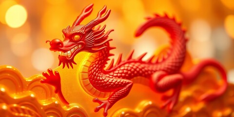 Intricate red dragon relief, glowing pearl, golden background, bokeh, abstract, precious
