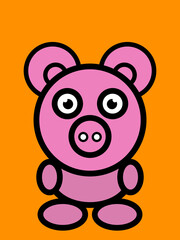 Cute cartoon pig with a pink body and big ears standing on an orange background