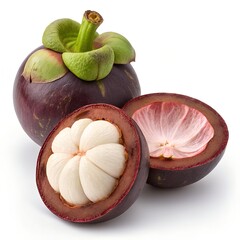 Mangosteen exotic tropical fruit, deep purple rind with green calyx, whole and halved fruits showing soft white segmented flesh, realistic botanical close-up, 