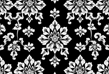 Intricate white floral pattern on black background, seamless repeat, flowers, backdrop