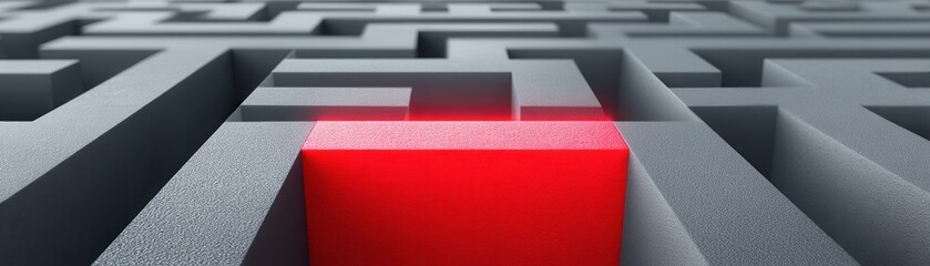 A close-up view of a maze with a prominent red block, symbolizing challenge and problem-solving in a complex environment.
