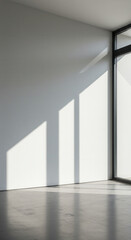 Fototapeta premium Modern Minimalist Interior: Sunlight & Shadows on Clean White Walls & Polished Concrete Floor - Serene, Bright, Airy Space