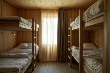 Interior of a wooden hostel room with two bunk beds and a window. Perfect for travel blogs, hostel websites, and budget accommodation guides.