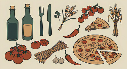 Illustration of traditional Italian elements — pizza, wine, olive oil, pasta, tomato, basil, cheese, and Italian flag on a white background