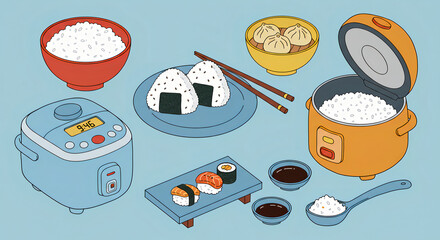 Watercolor illustration of assorted sushi rolls, nigiri, rice, and traditional Japanese food on white background