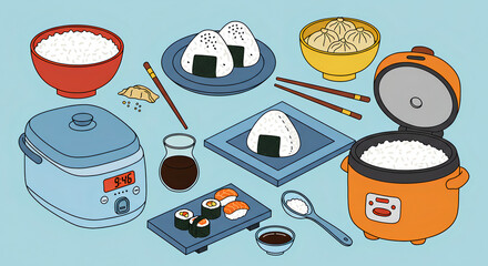 Watercolor illustration of assorted sushi rolls, nigiri, rice, and traditional Japanese food on white background