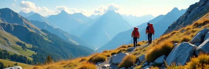 Obraz premium Tiny hikers walking through rocky mountain landscape with backpacks, mountains, hiking, backpacking