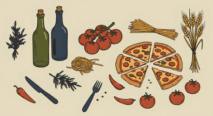 Illustration of traditional Italian elements — pizza, wine, olive oil, pasta, tomato, basil, cheese, and Italian flag on a white background