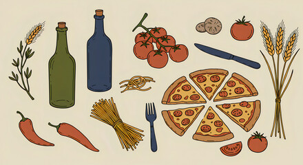Illustration of traditional Italian elements — pizza, wine, olive oil, pasta, tomato, basil, cheese, and Italian flag on a white background