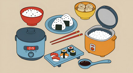 Watercolor illustration of assorted sushi rolls, nigiri, rice, and traditional Japanese food on white background