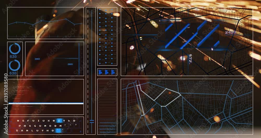 Poster animation of digital interface with graphs and data over abstract geometric patterns