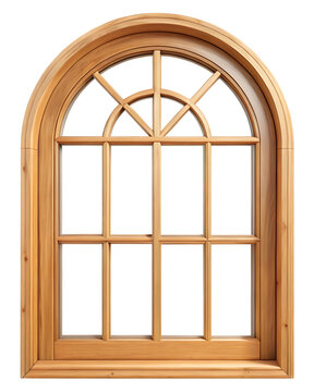 Isolated arched wooden window with divided panes against a black background on transparent background
