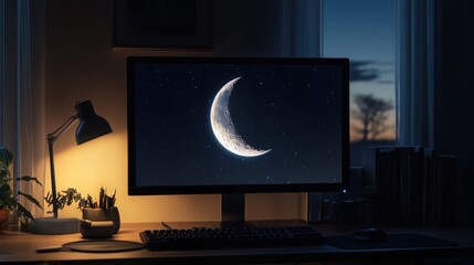 Fototapeta premium Calm Night Setting with Crescent Moon Displayed on Computer Screen