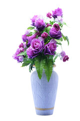 A vibrant colorful arrangement of lush purple flowers including roses and other blooms displayed in an elegant ceramic vase
