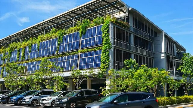Eco-friendly building with solar panels & green wall