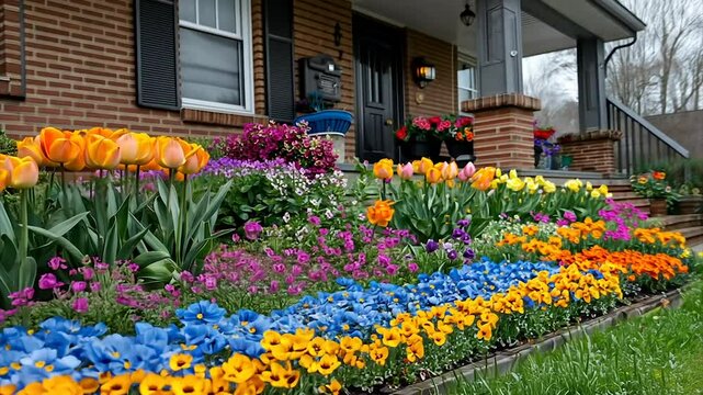 Vibrant spring flower bed bursts with color in front of a brick house