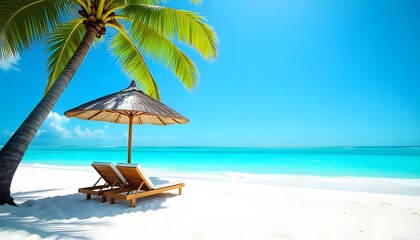 Tropical Beach with Palm Tree, Umbrella, and Loungers