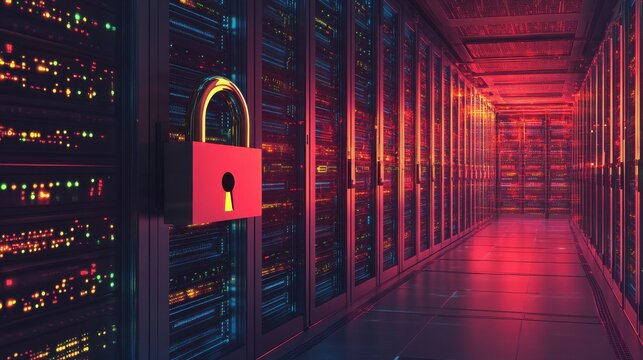 Metal padlock in a data center, safeguarding sensitive information. illustration