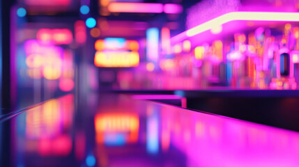 vibrant bar scene with colorful neon lights reflecting sleek surface creates energetic