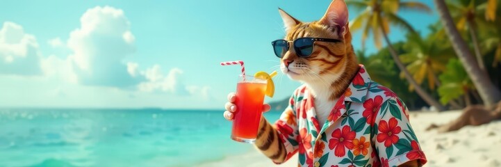 Cool cat in Hawaiian shirt, sunglasses, sipping cocktail on beach , adorable, sand, beach