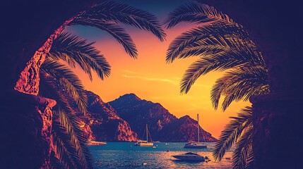 A dreamy island sunset with palm trees framing the view, boats floating on the water, and the sky painted in vibrant orange and purple