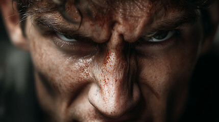 Obraz premium Angry man's emotional portrait close-up male face with intense expression in dramatic lighting