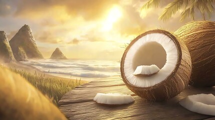 A delicious tropical coconut on a wooden table with a stunning coastal view, surrounded by a relaxed summer atmosphere