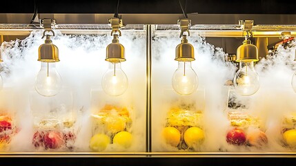 A delicious display of freshly cooked street food at a night market, with steam rising under the warm glow of hanging lanterns